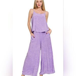 Zenana Womens Casual Woven Acid Crinkle Washed Cami & Pants 2 Piece Matching Set
